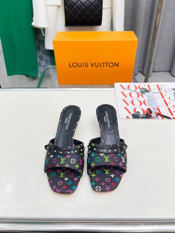 2025 Women Louis Vuitton Multicolor Leather Heeled Mules LY00260
