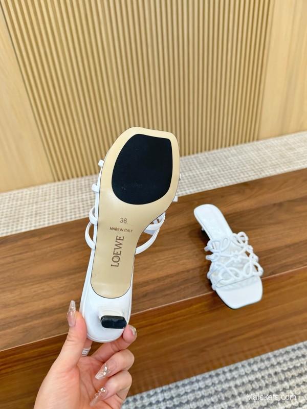 2025 Women Loewe White Leather Sandals