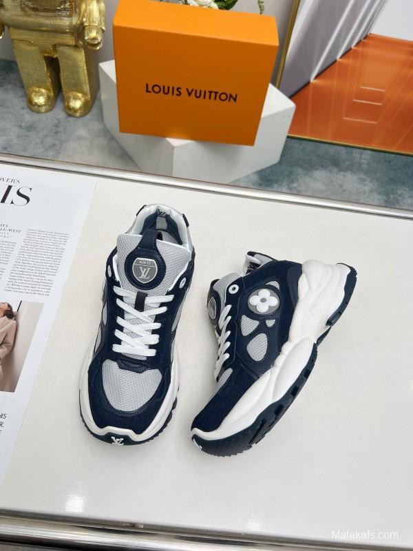2025 Unisex Louis Vuitton Black White Blue Leather Tech Fabric Sneakers Monogram LY00340