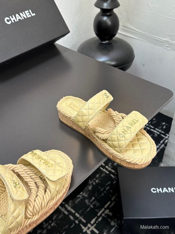 2025 Slippers Chanel Yellow Fabric Rope Slides