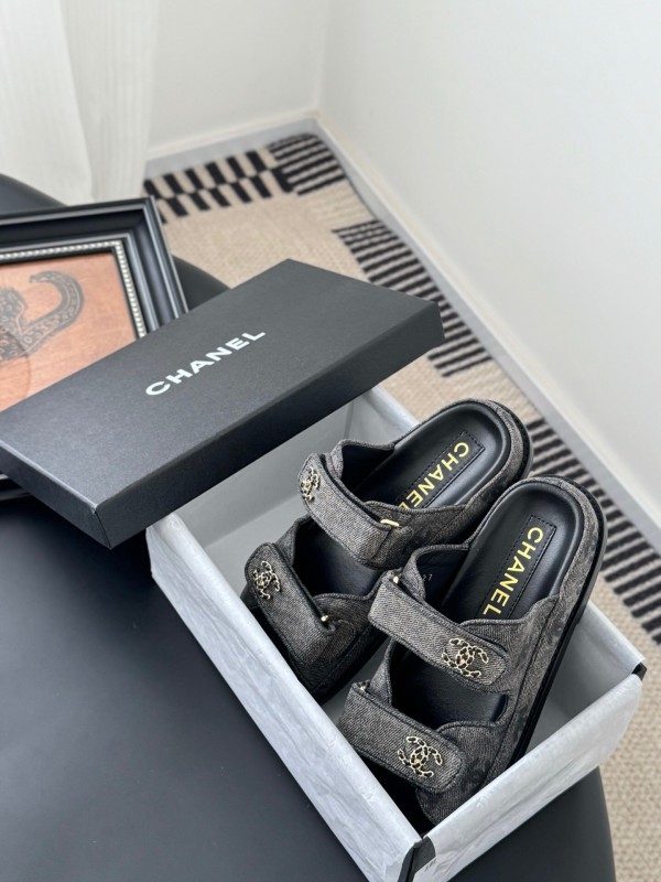 2025 Women Chanel Grey Fabric Leather Sandals Magic Tape LY00310