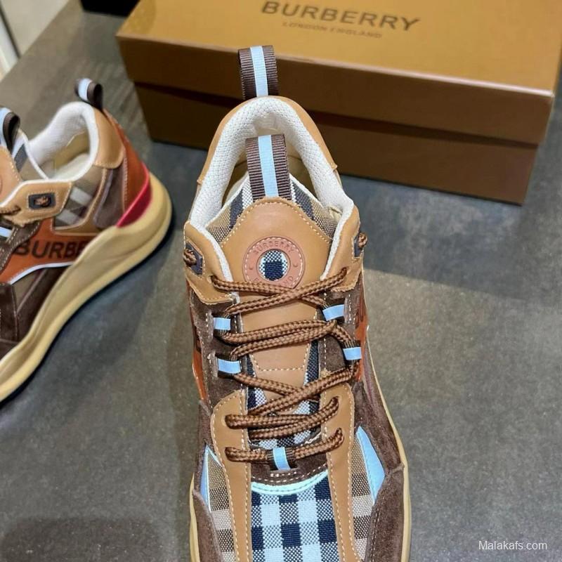 2025 Unisex Burberry Brown Beige Suede Leather Mesh Sneakers Checked Pattern MX00380