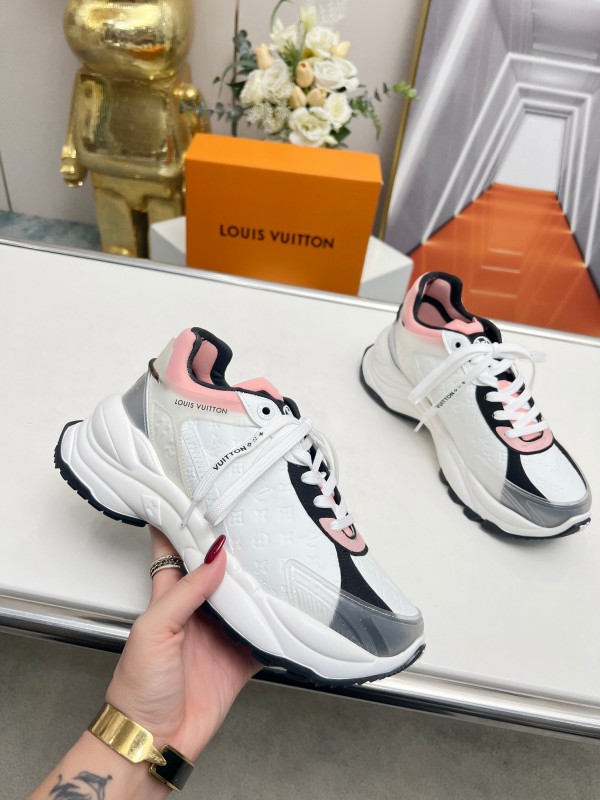 2025 Women Louis Vuitton White Black Pink Leather Mesh Sneakers LY00340