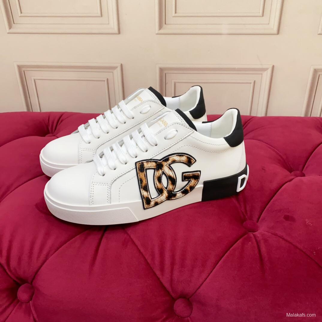 2025 Women Dolce & Gabbana White Leopard Print Leather Sneakers LY00300