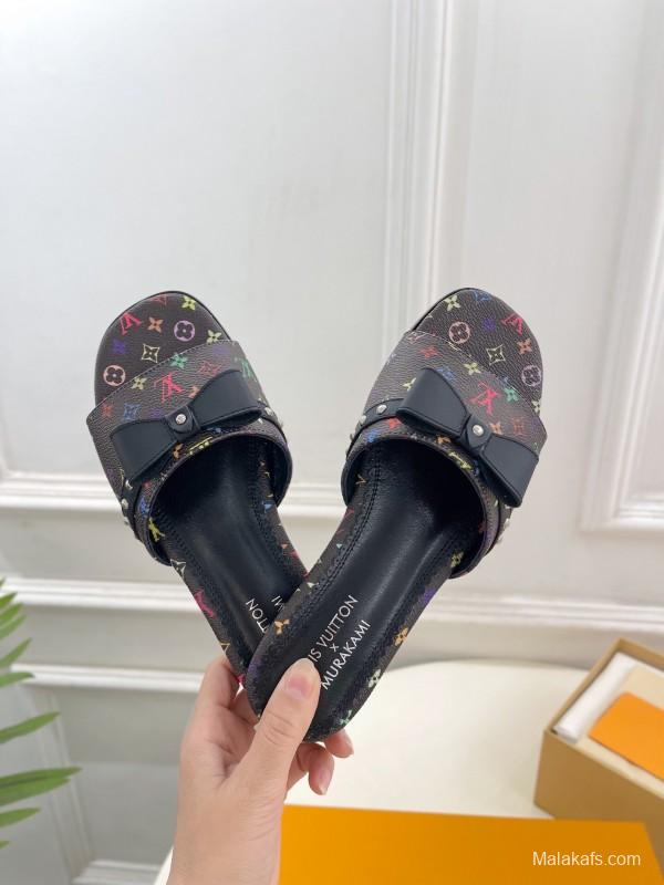 2025 Slippers Louis Vuitton Black Multicolor Monogram Leather Bow KFY00290