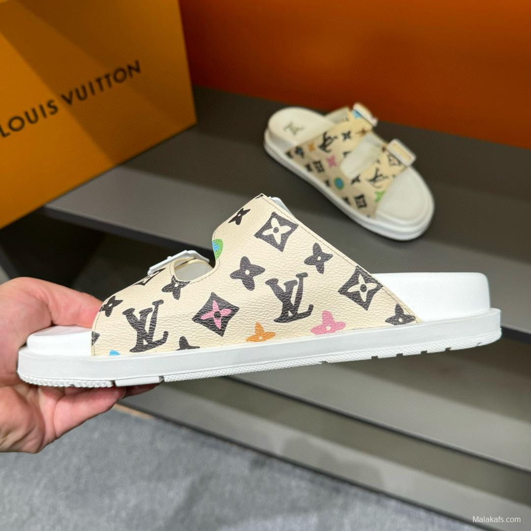 2024 Slippers Louis Vuitton Beige Multicolor Leather Slippers