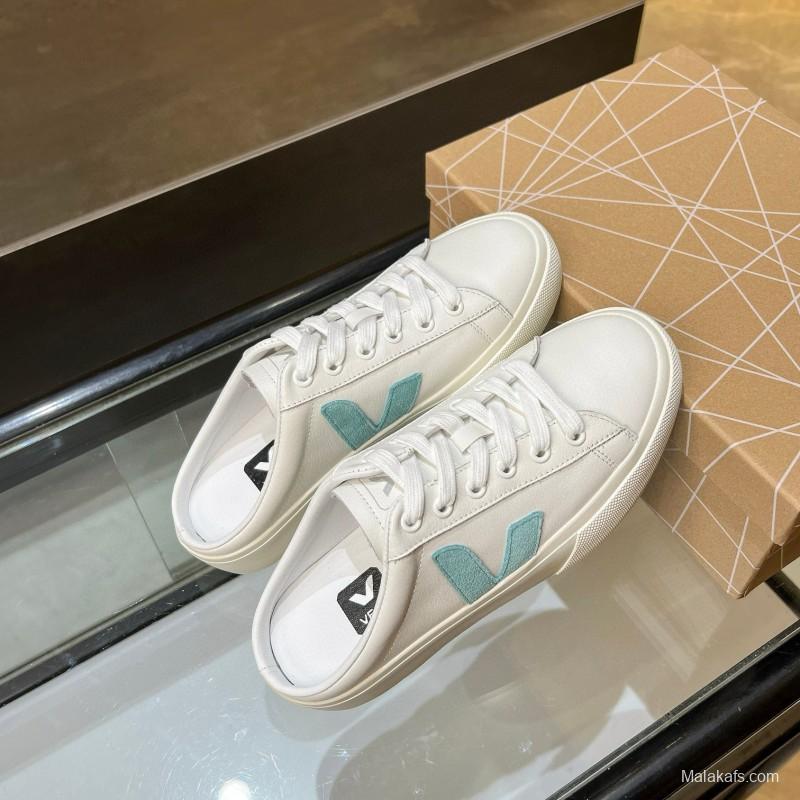 2025 VEJA White Blue Leather Canvas Slip-On Sneakers