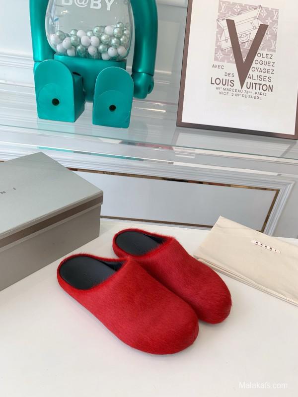 2024 Women Marni Red Pony Hair Mule