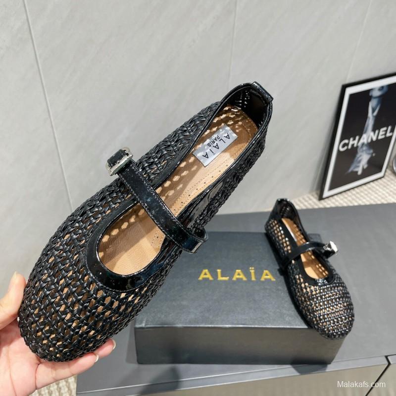 2025/Women Alaïa Black Woven Leather Mary Jane Flats LY00360(F)