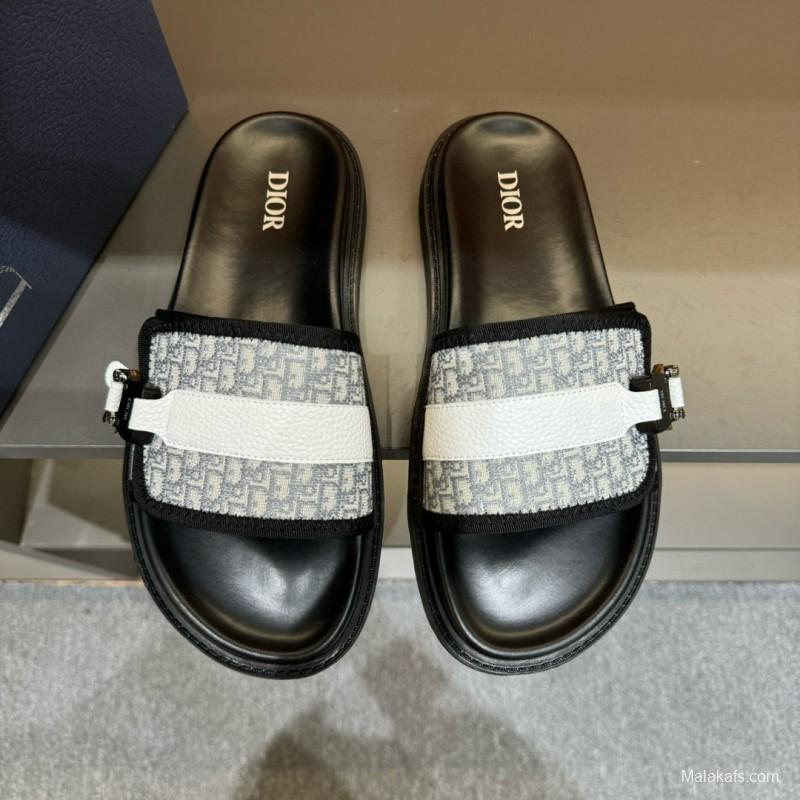2024 Slippers Dior Black White Canvas Leather Slippers
