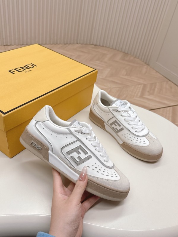 2025 Unisex Fendi White Beige Leather Plimsolls FF Logo LY00350(F)/LY00360(M)