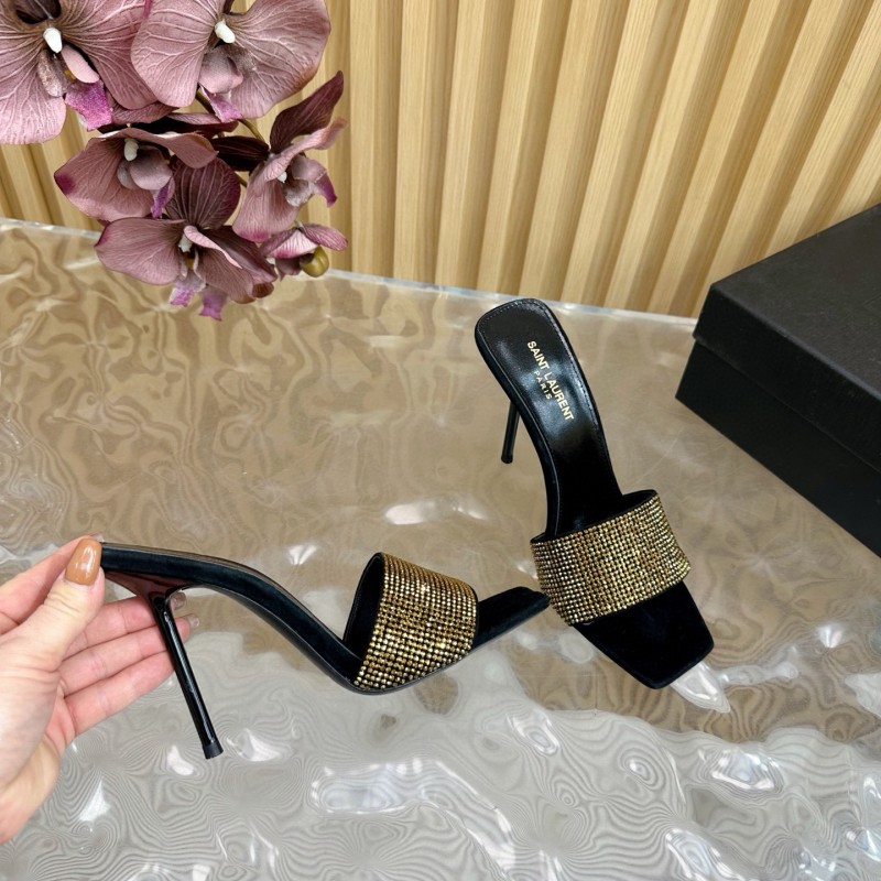 2025 Women Yves Saint Laurent Black Gold Rhinestone Leather High Heel Sandals MJ00300