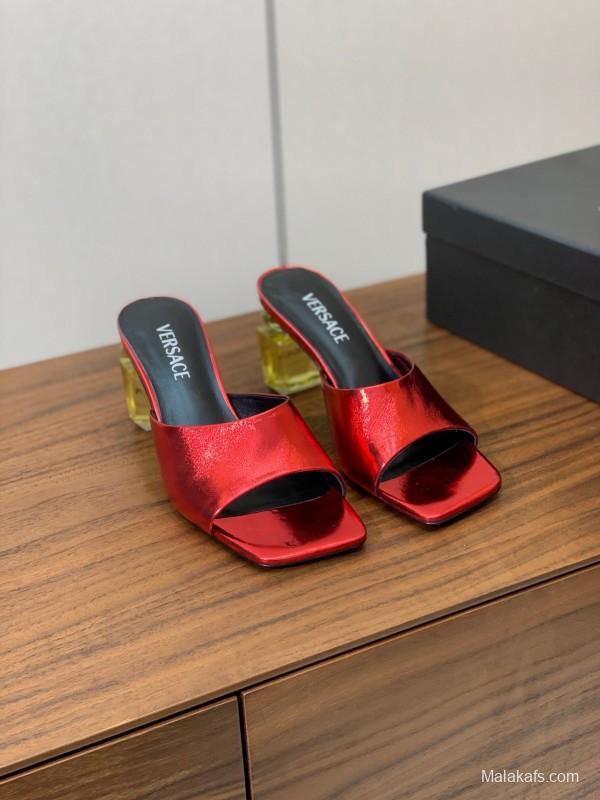 2025 VERSACE Red Leather Slippers