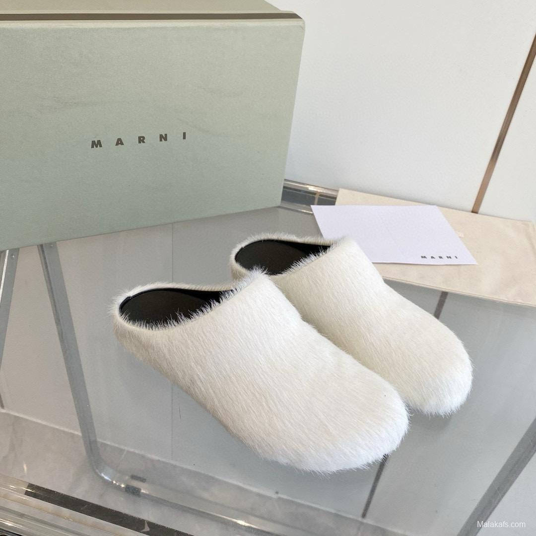 2024 Women Marni White Pony Hair Leather Mules MJ00320