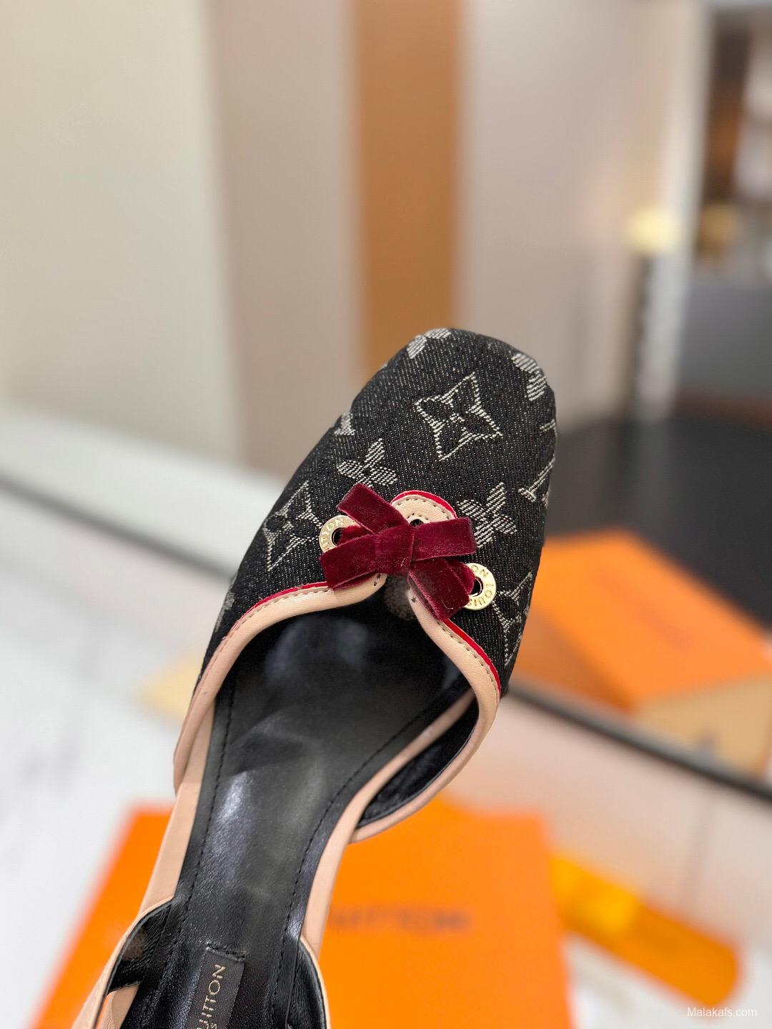 2025 Women LV Black Pink Denim Leather Slingback Heels KFY00310