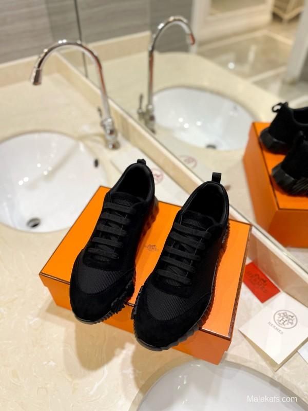 2024 Unisex Hermès Black Imported Glossy Goat Suede Rainproof Fabric Casual Sneakers MJ00320