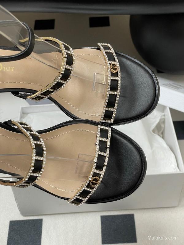 2025 Women Dior Black Leather Crystal Embellished High Heel Sandals