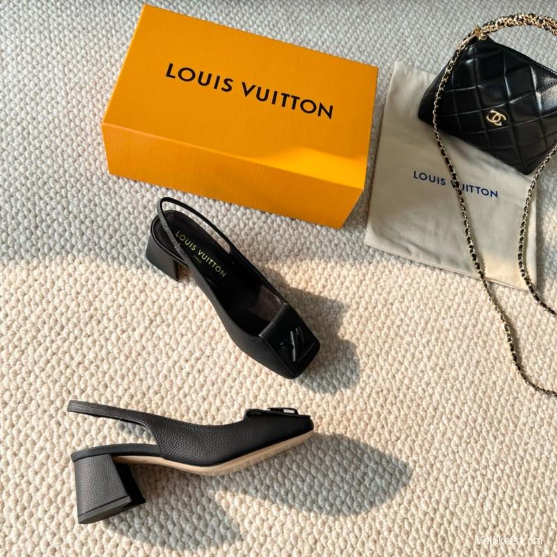 2024 Women Louis Vuitton Black Leather Slingback Heel
