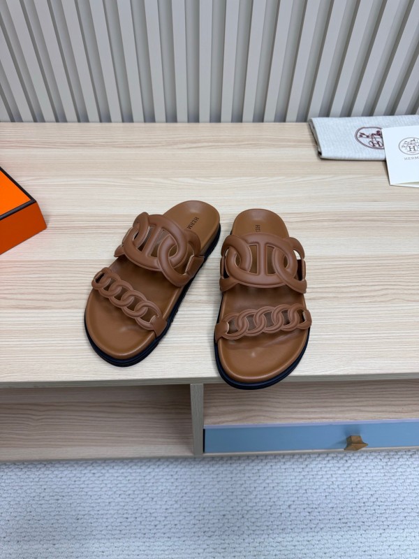 2025 Women Hermès Brown Leather Slippers KFY00260