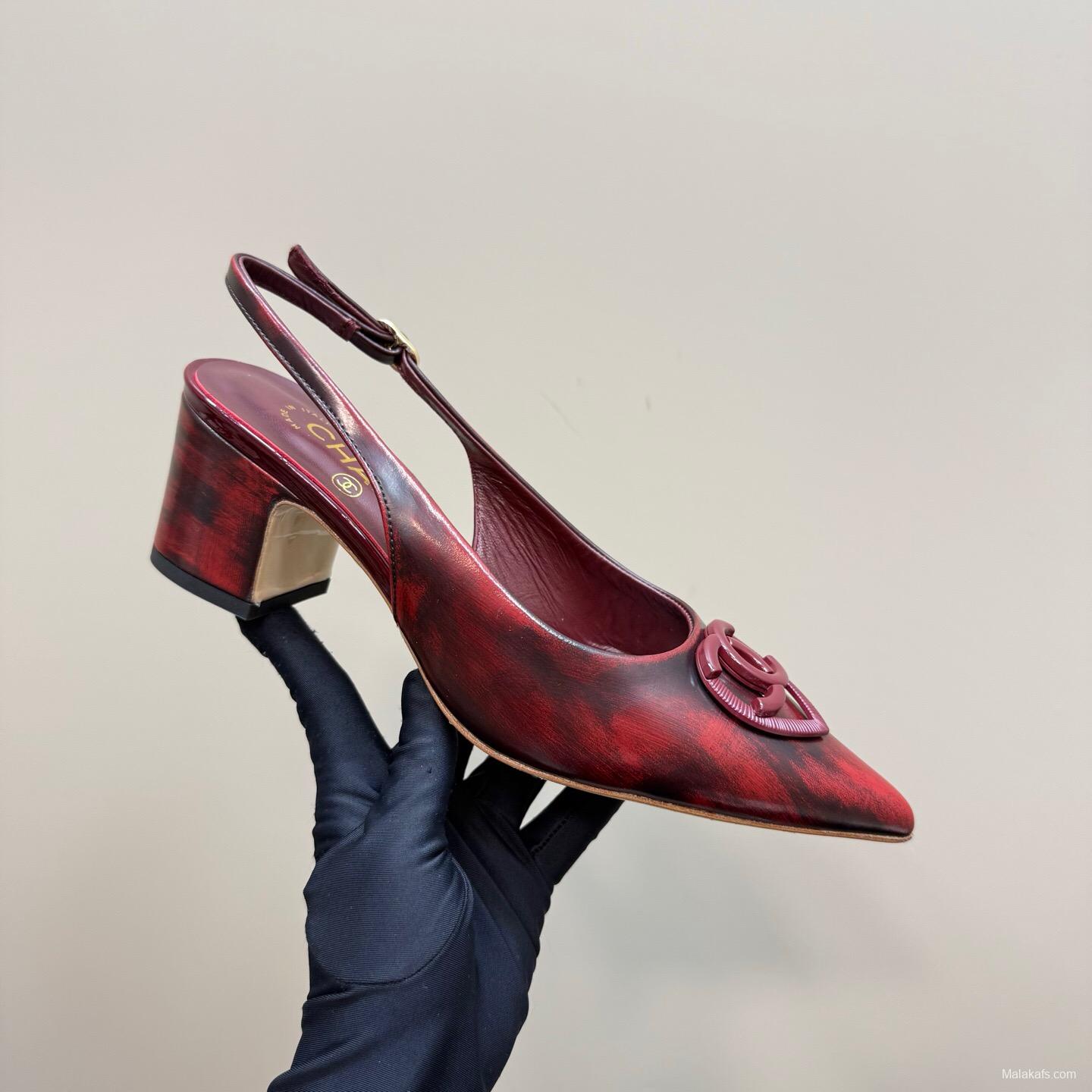 2025 Women Chanel Burgundy Leather Slingback Heels KFY00290