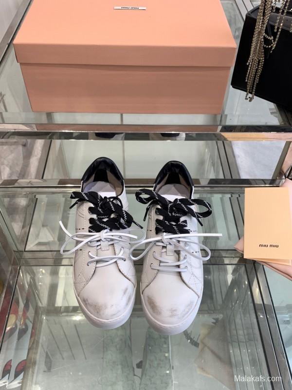 2025 Women Miu Miu White Black Leather Sneakers LY00290