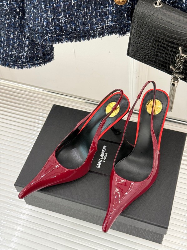 2025 Women Yves Saint Laurent Burgundy Patent Leather Slingback Heels