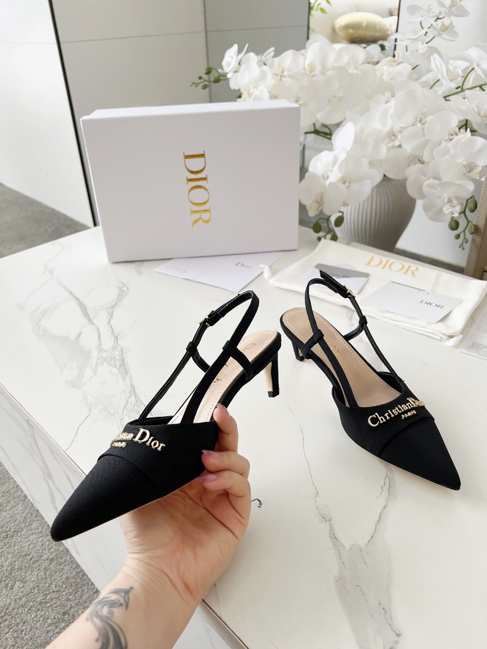 2025 Women Dior Black Fabric Slingback Kitten Heel