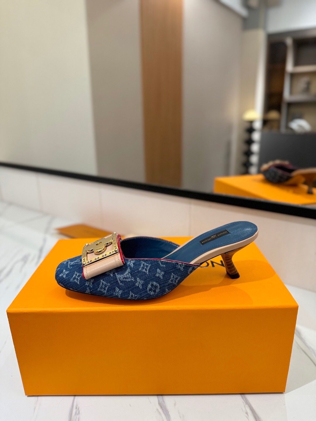 2025 Women Louis Vuitton Blue Denim Leather Mule Hardware KFY00320