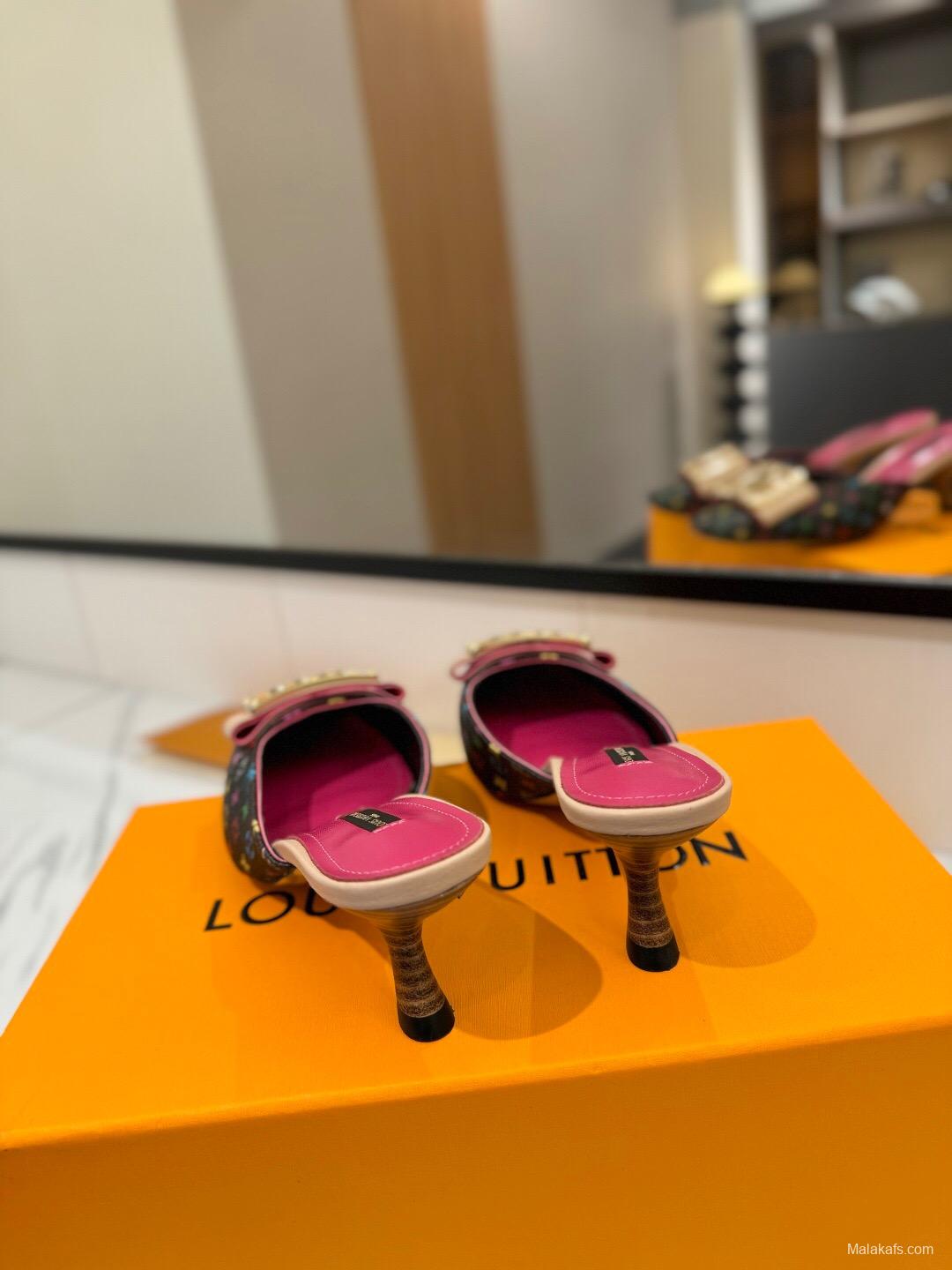 2025 Women Louis Vuitton Black Multicolor Leather Mules KFY00320