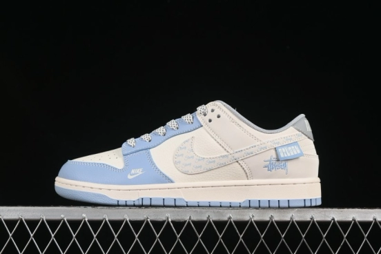 Nike SB Dunk Low Stussy Collaboration University Blue Floral Swoosh Anniversary Custom Low-Top Casual Skate Shoes - XS6089-591