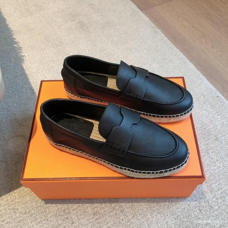 2025 Unisex Hermes Black Leather Loafers AS00380