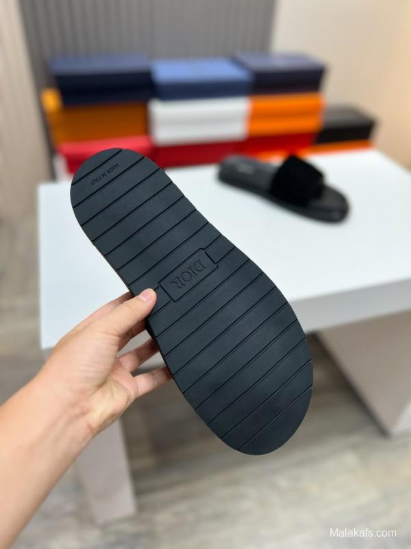 2025 Men Dior Black Leather Slippers CD Diamond Top Version AS00190