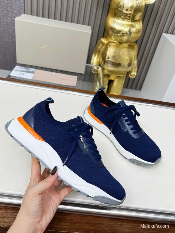 2025 Unisex Santoni Navy Orange Wool Blend Knit Sneakers AS00320