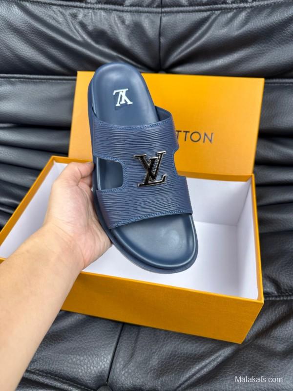2025 Men Louis Vuitton Blue Leather Slippers AS00170