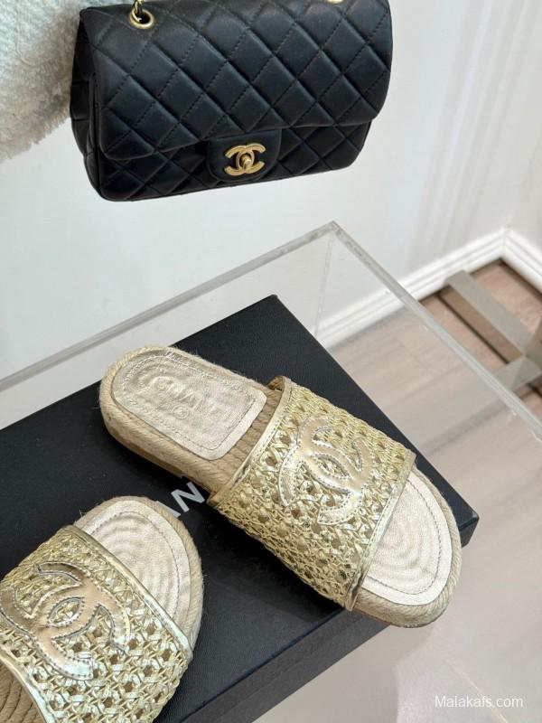 2025 Women Chanel Beige Custom Material Rope Sole Slippers Big CC Hollow Weave KFY00240