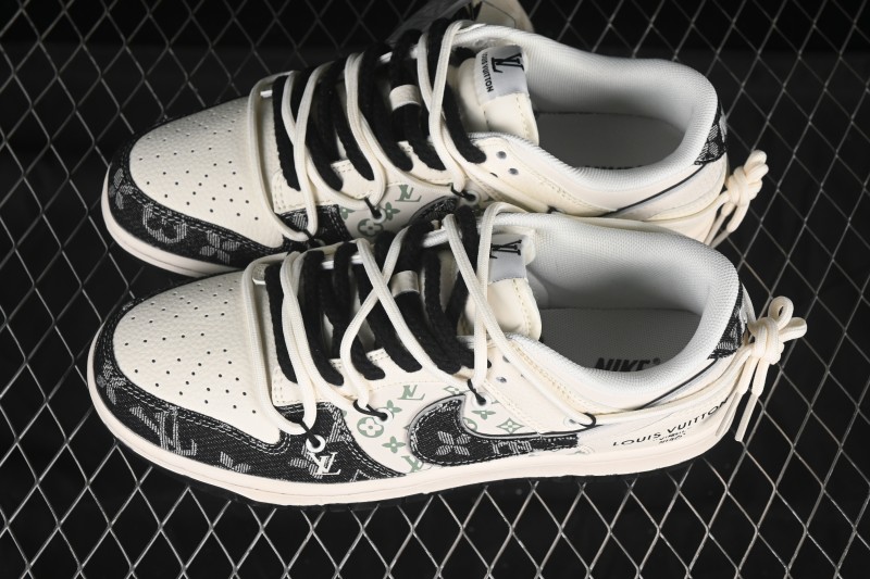 Nike SB Dunk Low LV Collaboration Strap Weave Black White Swoosh Anniversary Custom Low-Top Casual Skate Shoes - YX5066-338