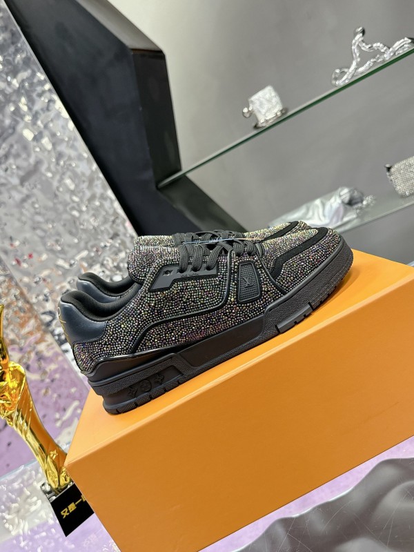 2025 Unisex Louis Vuitton Black Handmade Rhinestone Leather Fabric Plimsolls LV Trainer AS00400