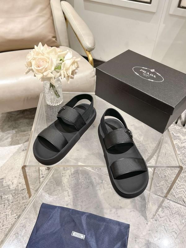 2025 Men Prada Black Leather Sandals KFY00220