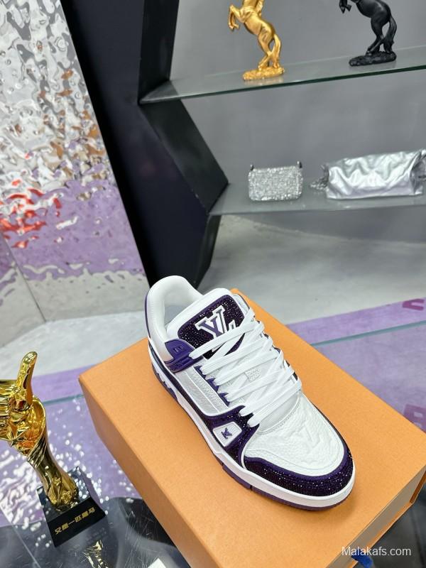 2025 Unisex Louis Vuitton White Purple Leather Denim Plimsolls Handmade Beaded AS00400