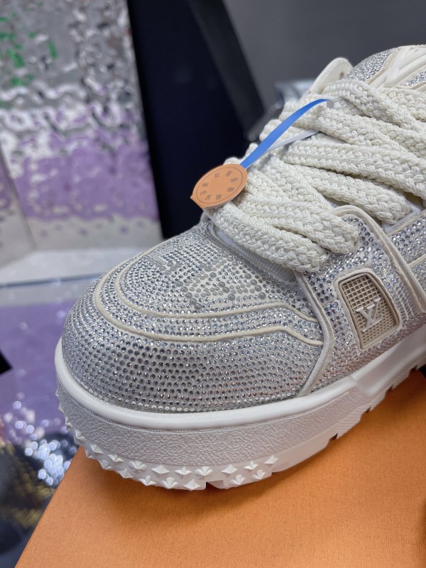 2025 Unisex Louis Vuitton White Crystal Leather Plimsolls Bing Bing AS00420
