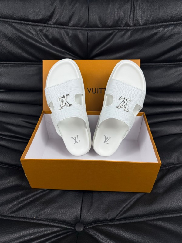 2025 Men Louis Vuitton White Leather Slippers AS00170