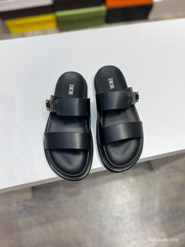 2025 Men Dior Black Leather Slippers Metal CD Diamond AS00190