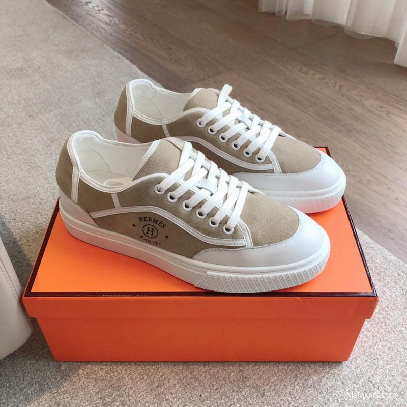 2025 Unisex Hermès Beige White Canvas Leather Sneakers AS00380