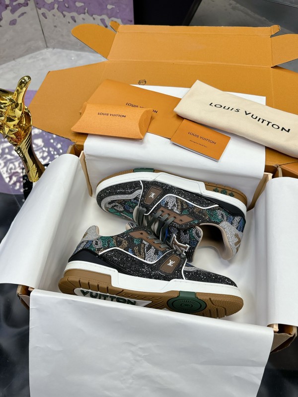 2025 Unisex Louis Vuitton Blue Grey Black Leather Fabric Sneakers Handcrafted Crystals AS00400