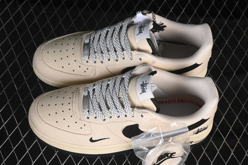 Nike Air Force 1 '07 Low Stussy Collaboration Beige Black Canvas Casual Sneakers - XX3168-155