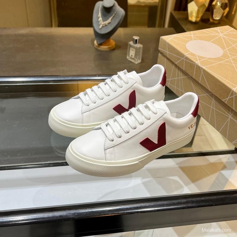 VEJA Classic White Sneakers V Logo Lace-Up Retro Flat Platform Casual Sports Shoes - LY00220
