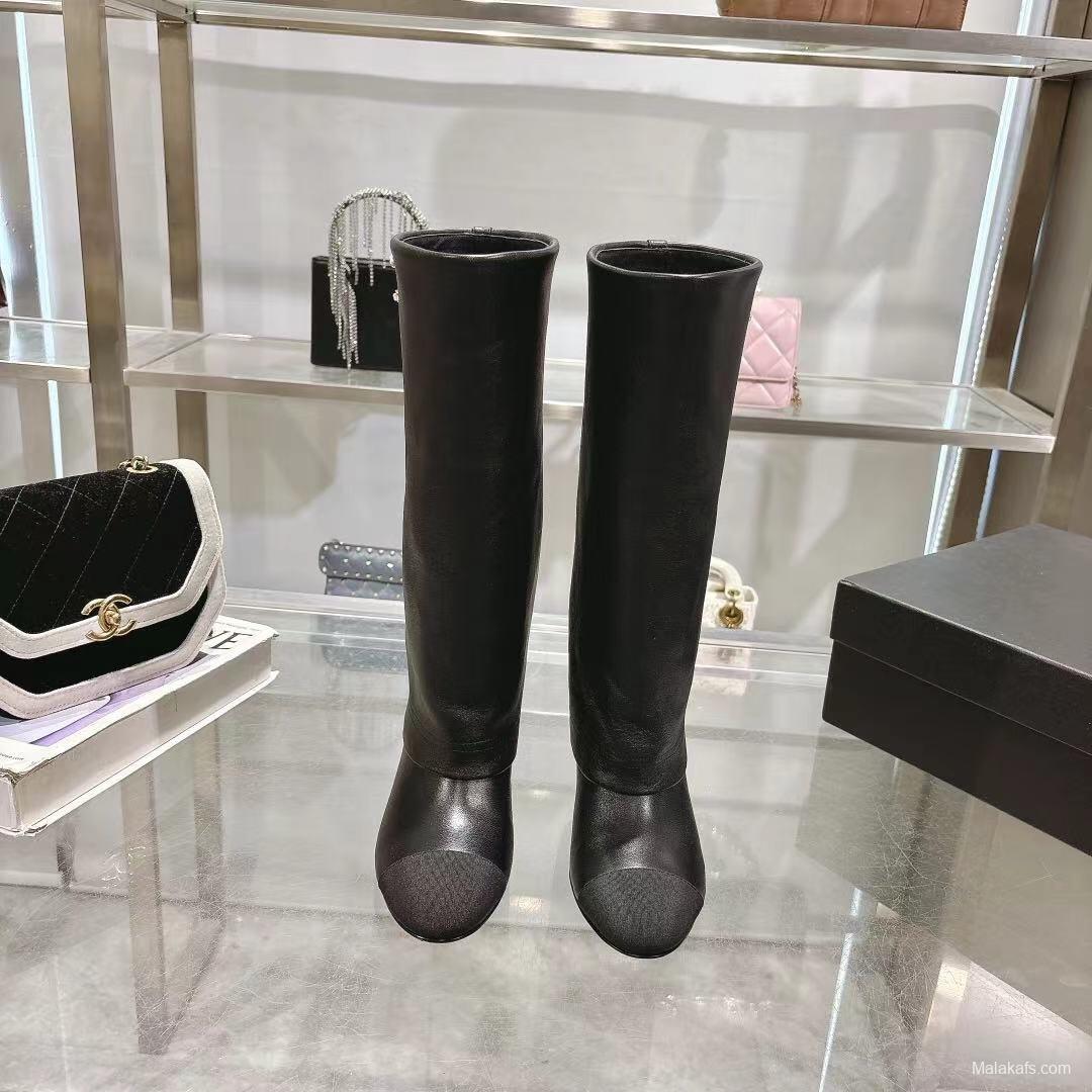 Chanel 2025/SS Autumn Winter Runway Turn-Cuff Block Heel Straight Tube Boots Classic Color Block - LY00510