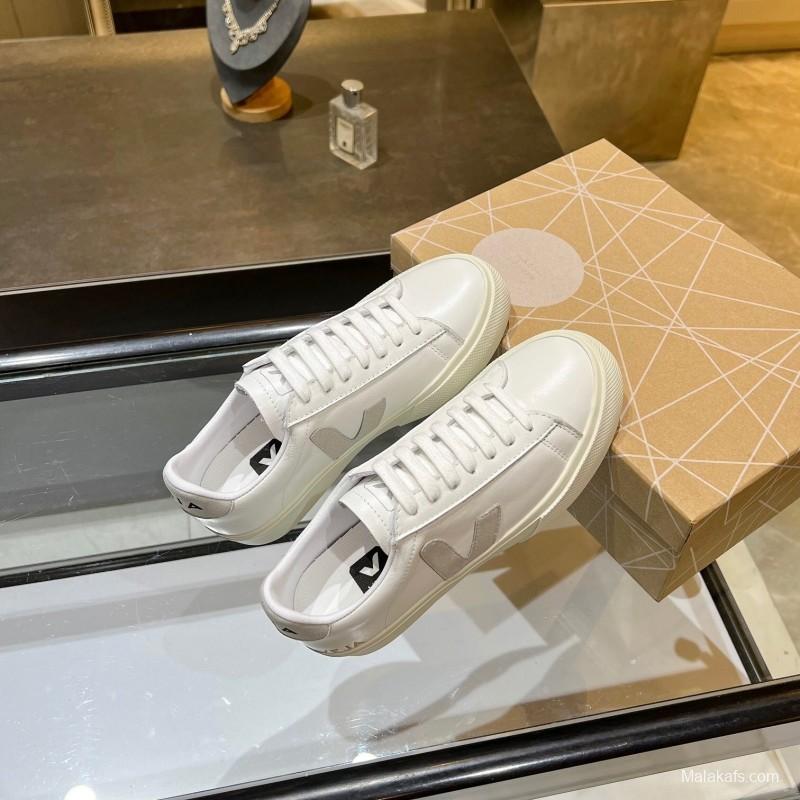 VEJA Classic White Sneakers V Logo Lace-Up Retro Flat Platform Casual Sports Shoes - LY00220