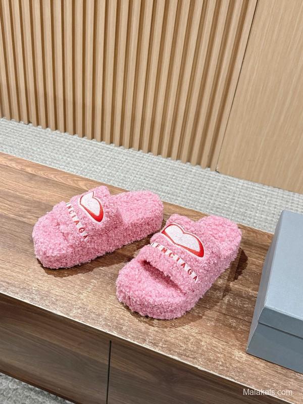 Balenciaga 2025 SS Qixi Limited Series Letter Embroidery Platform Shearling Slippers - AS00200