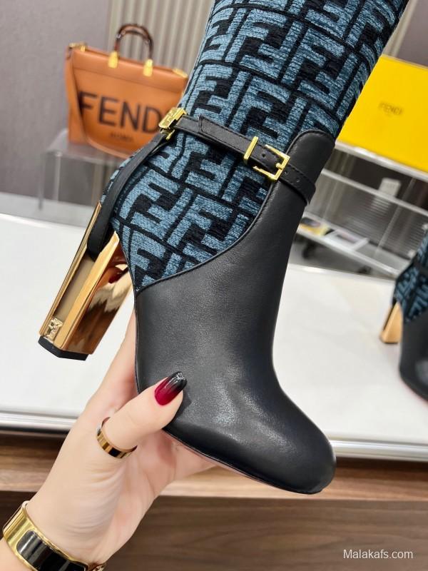 FENDI Delfina Round Toe Boots with FF Buckle and Heel Detail - LY00